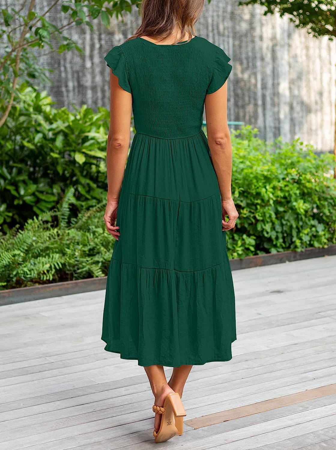 Women's Flutter Sleeve Smocked Midi Dress with Pockets CD447