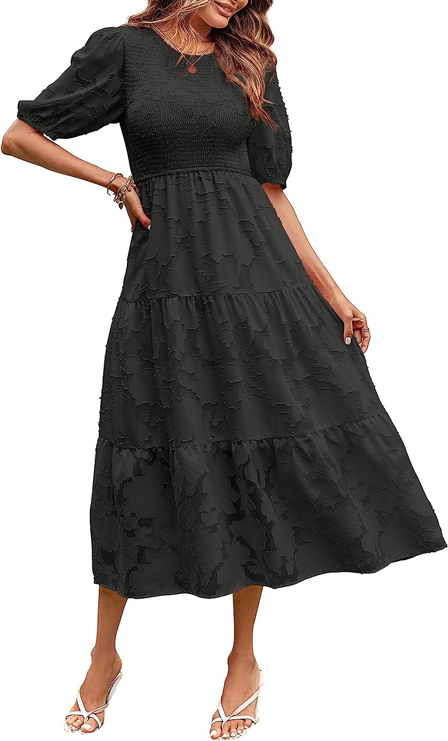 Women's Puff Sleeve Floral Crewneck Midi Dress CD451