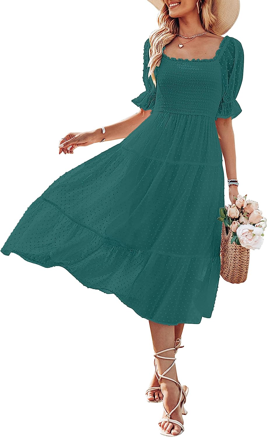 Women's Square Neck Puff Sleeve Boho Midi Dress CD436