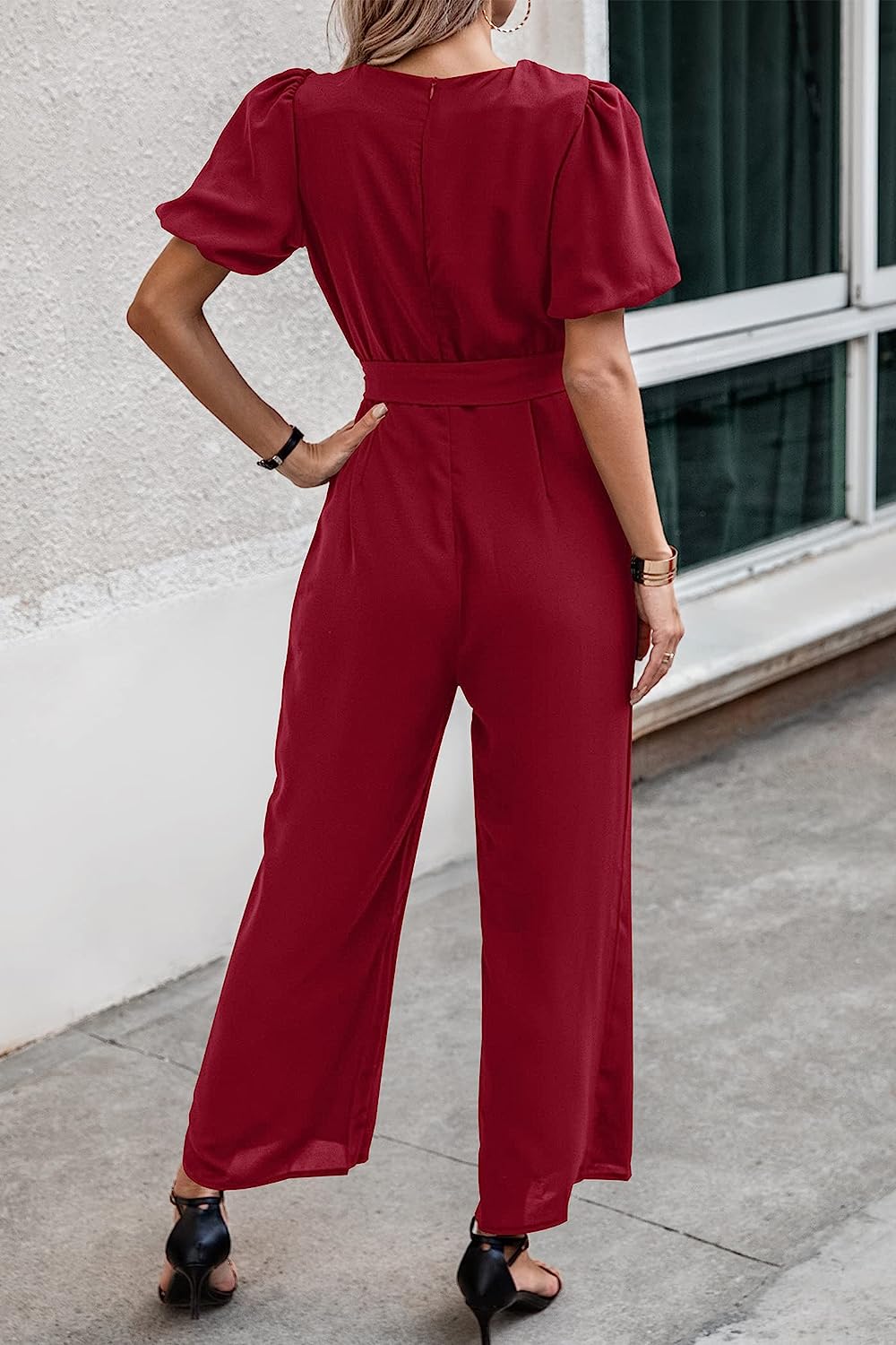Women's Short Puff Sleeve Wide Leg Pants Jumpsuits CD461