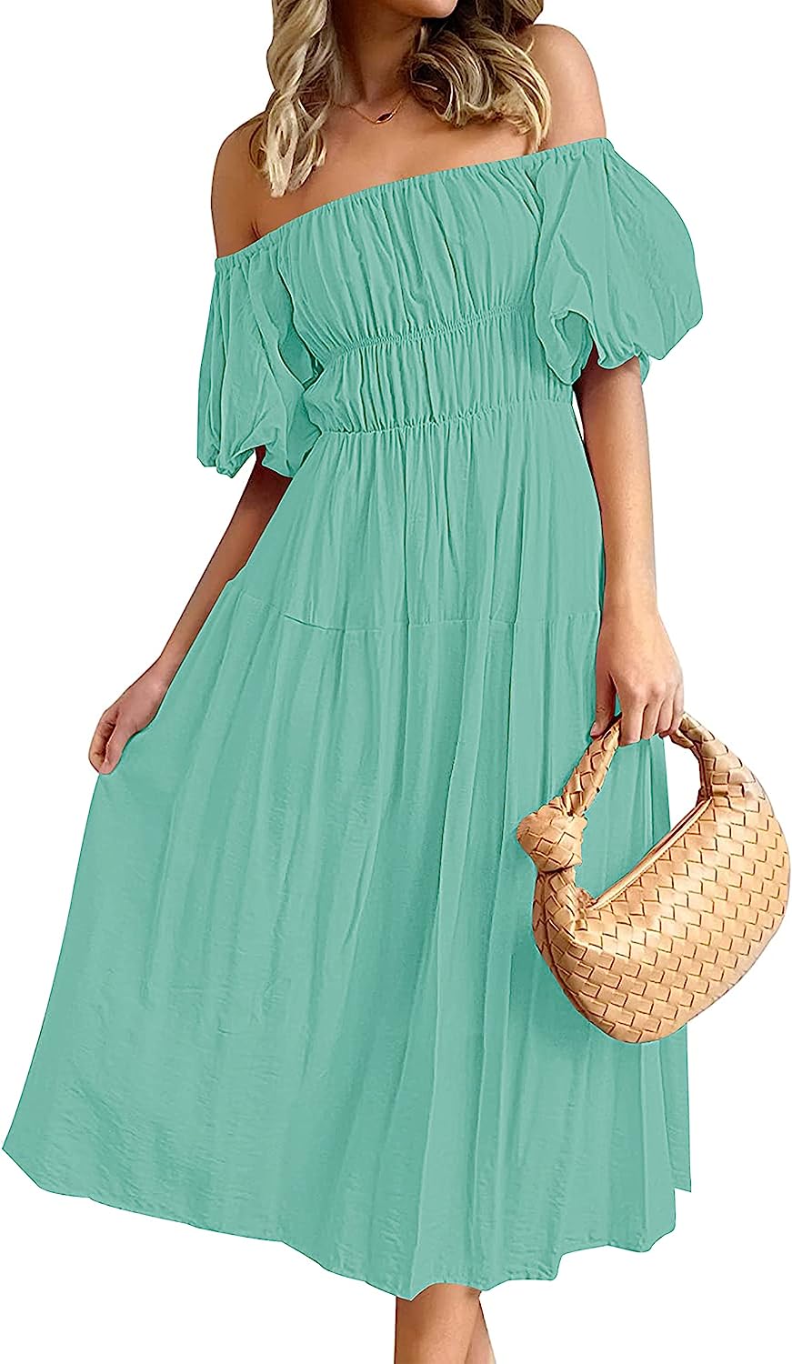 Women's Puff Sleeve Off Shoulder Summer Midi Dress CD446