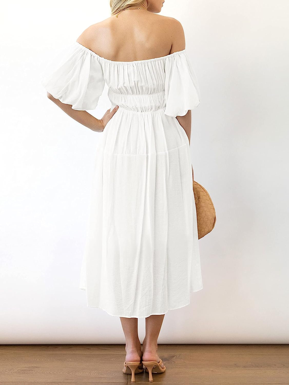 Women's Puff Sleeve Off Shoulder Summer Midi Dress CD446