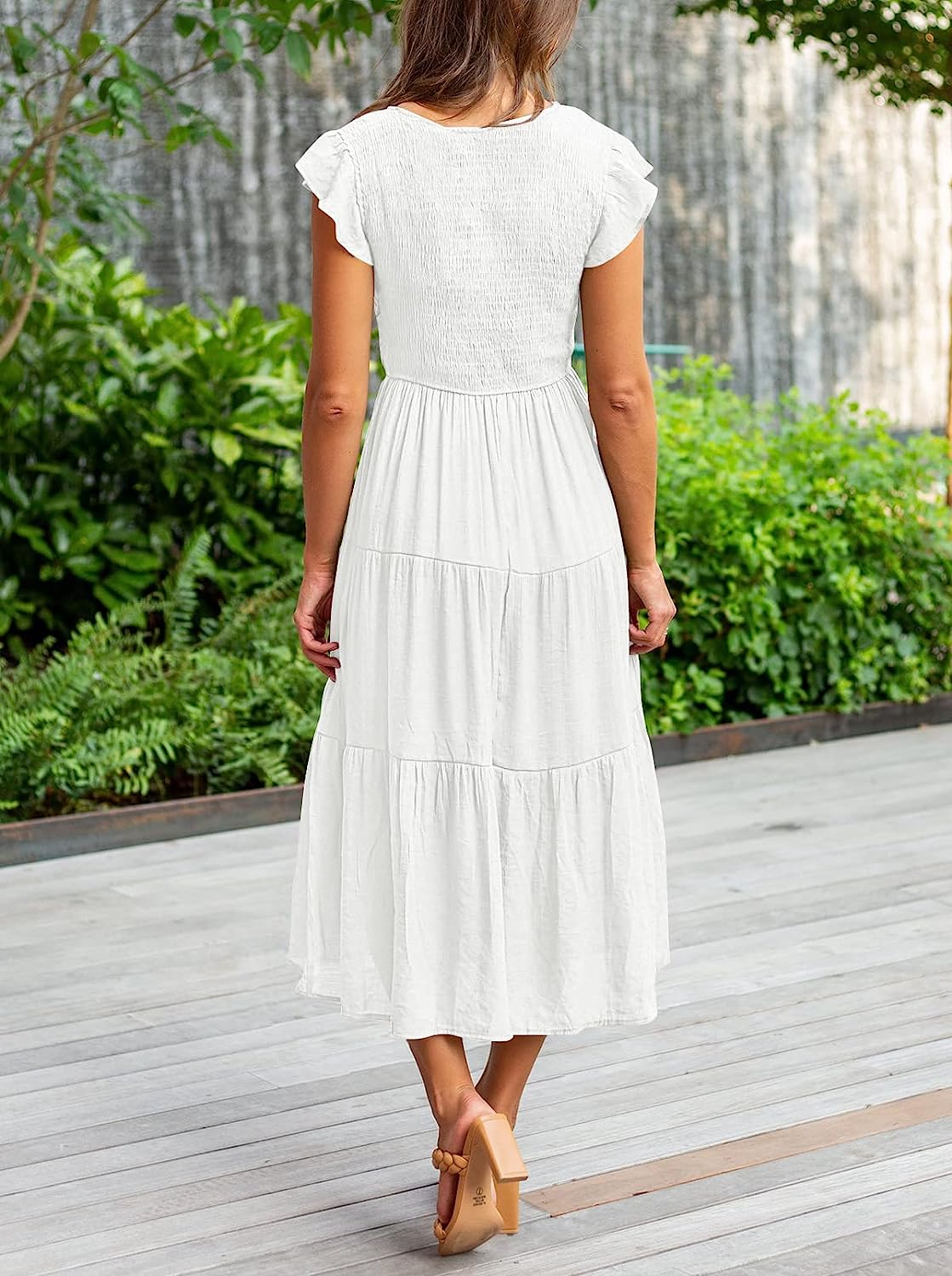 Women's Flutter Sleeve Smocked Midi Dress with Pockets CD447