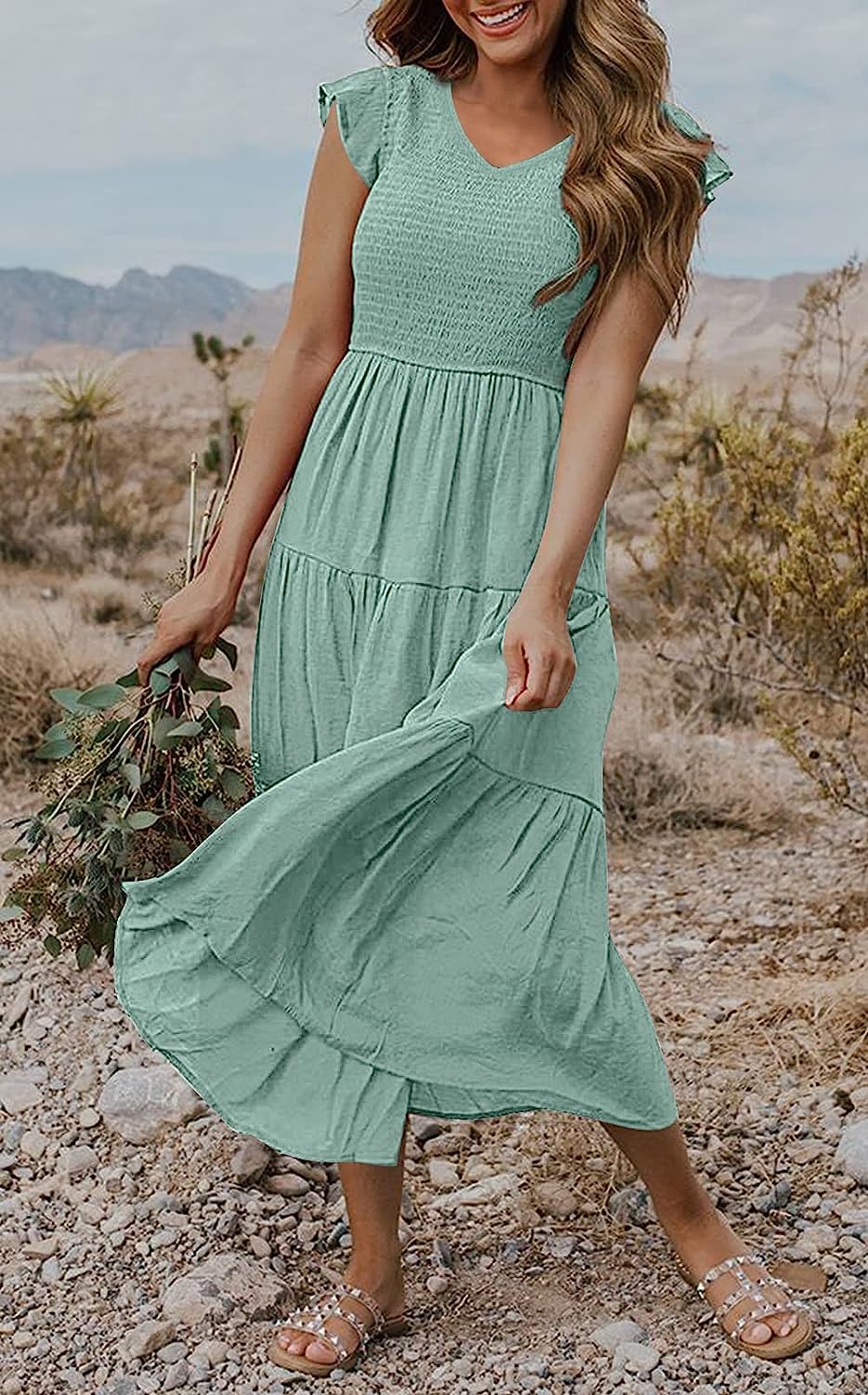 Women's Flutter Sleeve Smocked Midi Dress with Pockets CD442