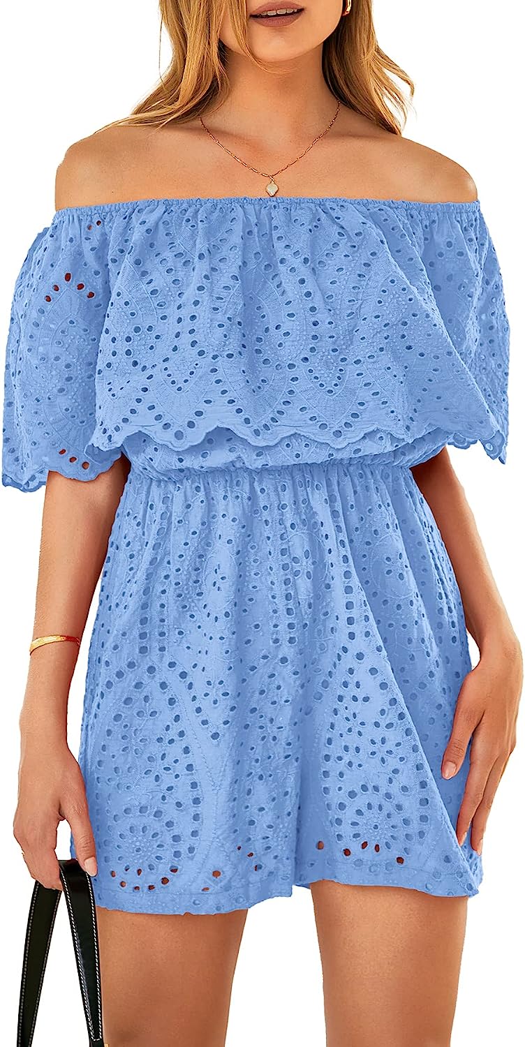 Women's Embroidery Rompers Off Shoulder Ruffle Jumpsuit CD487