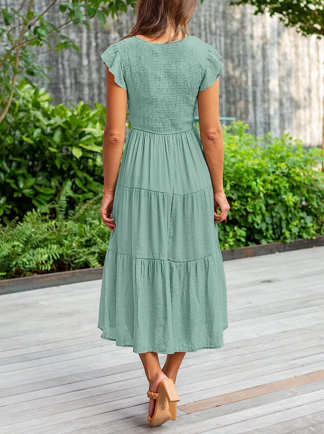 Women's Flutter Sleeve Smocked Midi Dress with Pockets CD442
