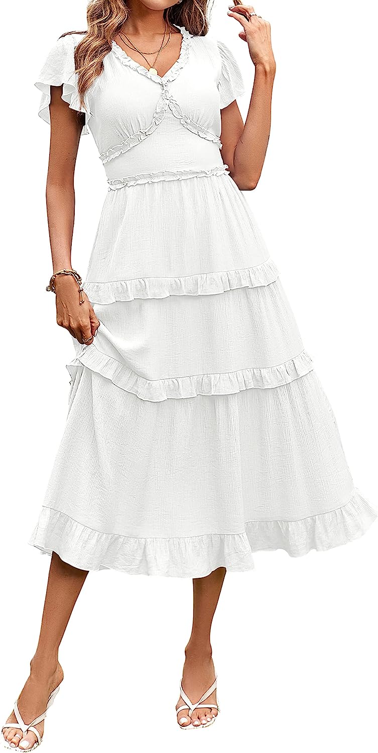 Womens V Neck Flutter Sleeve High Waist Midi Dress CD450