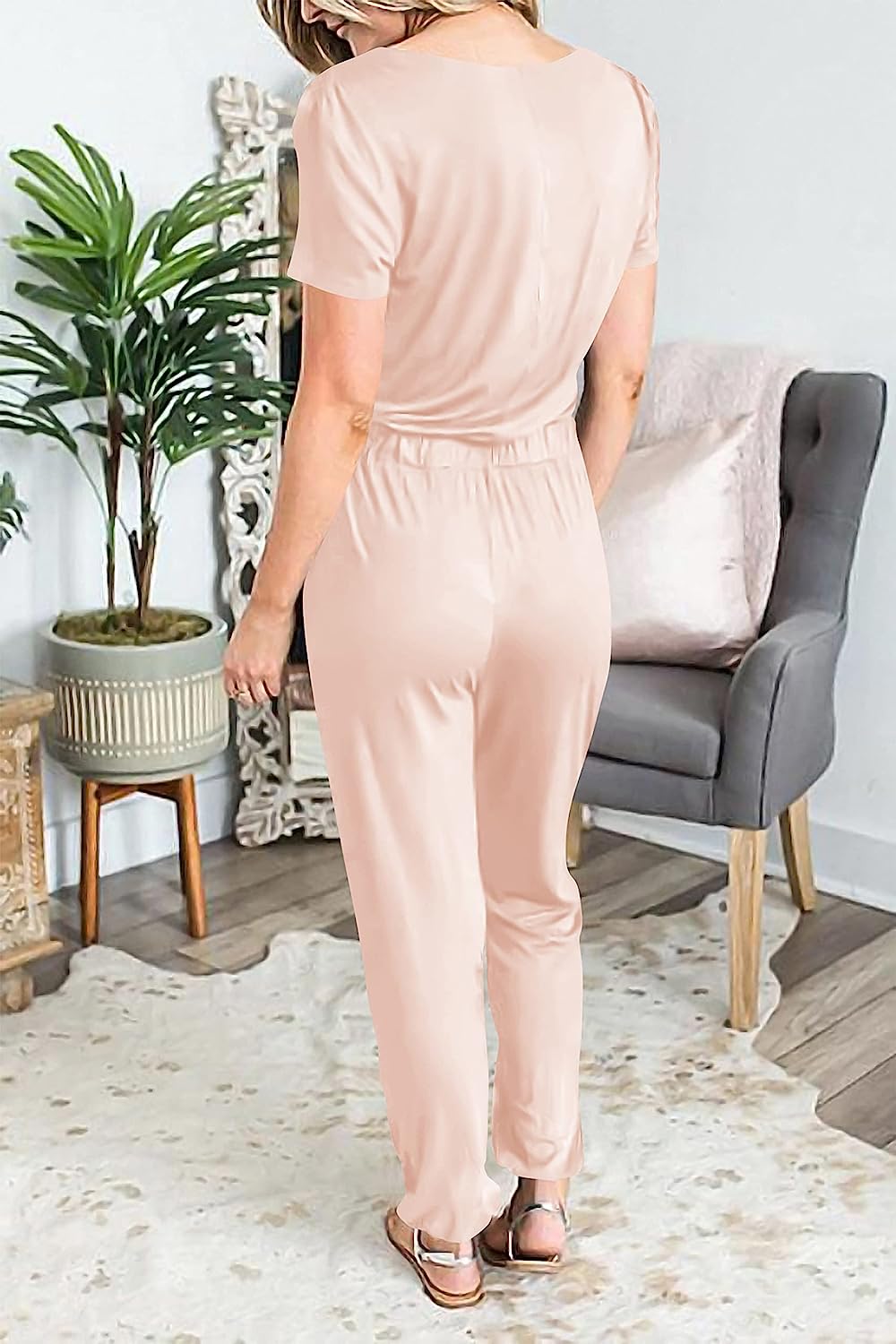 Women's Deep V Neck Short Sleeve Drawstring Jumpsuit CD463