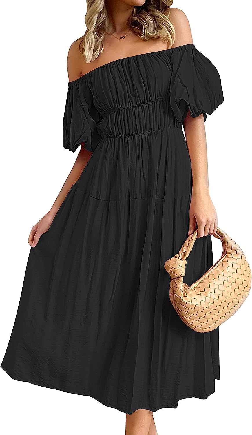 Women's Puff Sleeve Off Shoulder Summer Midi Dress CD446