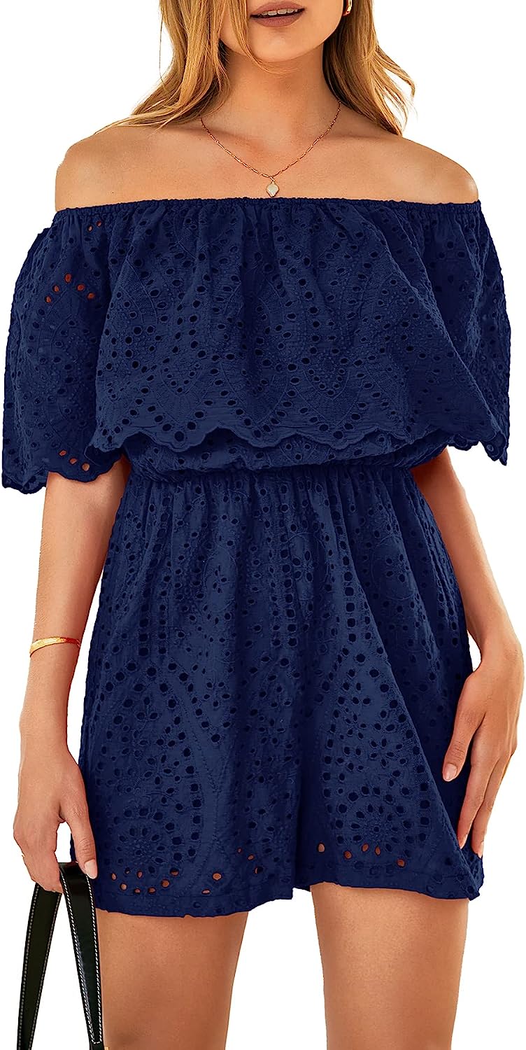 Women's Embroidery Rompers Off Shoulder Ruffle Jumpsuit CD487