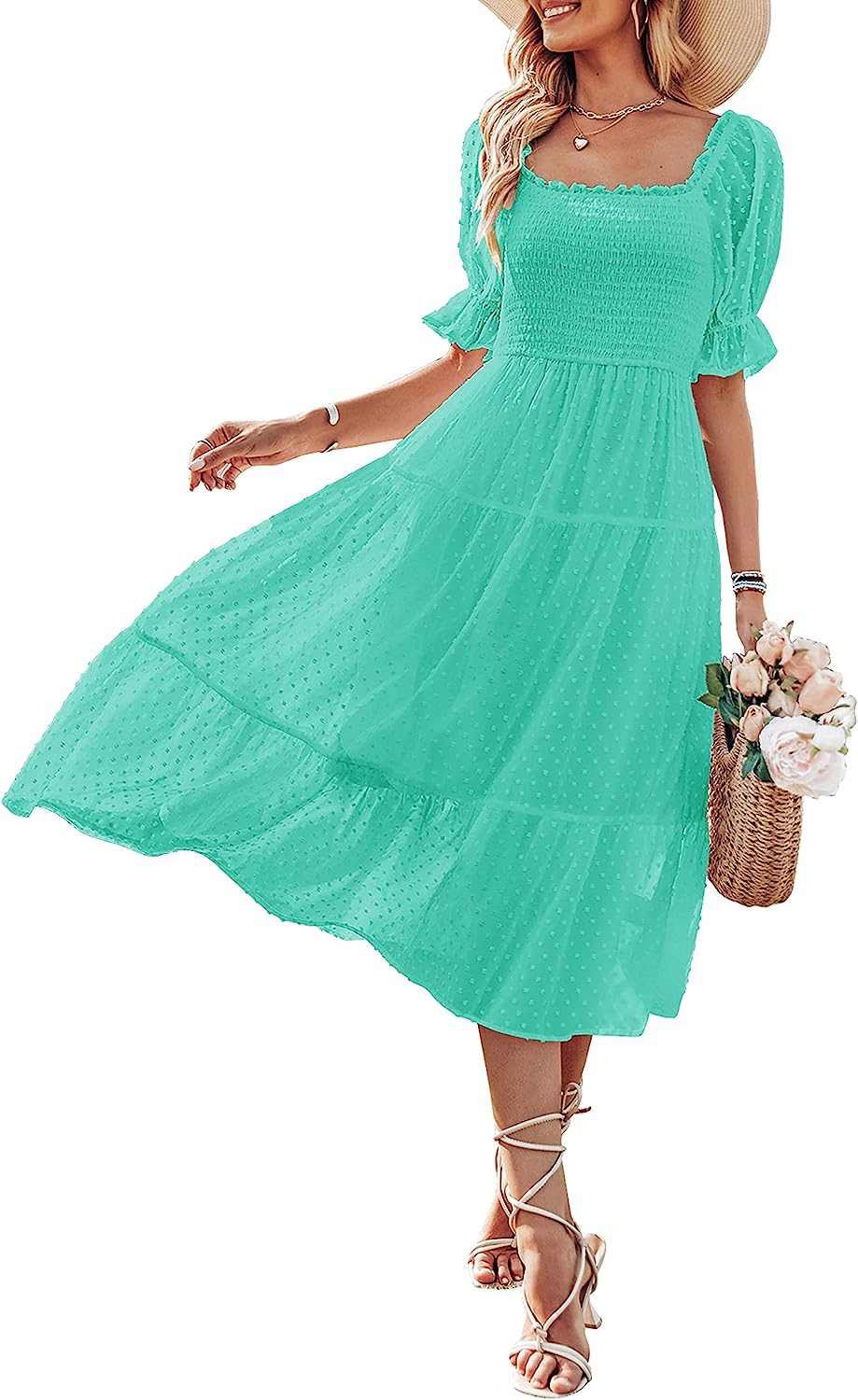 Women's Square Neck Puff Sleeve Boho Midi Dress CD436
