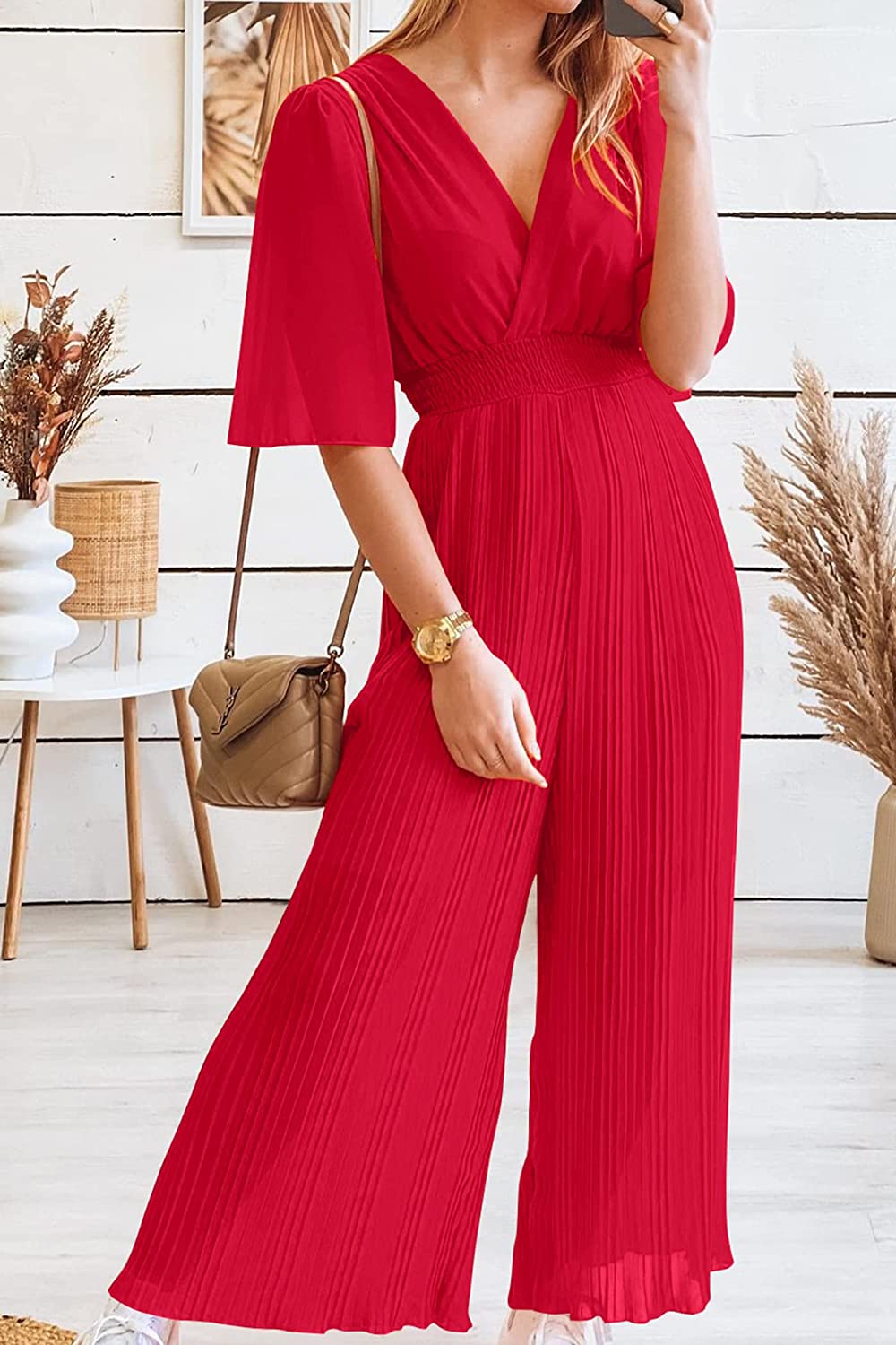 Women's Wrap Ruffle Sleeve Wide Leg One Piece Jumpsuit CD472
