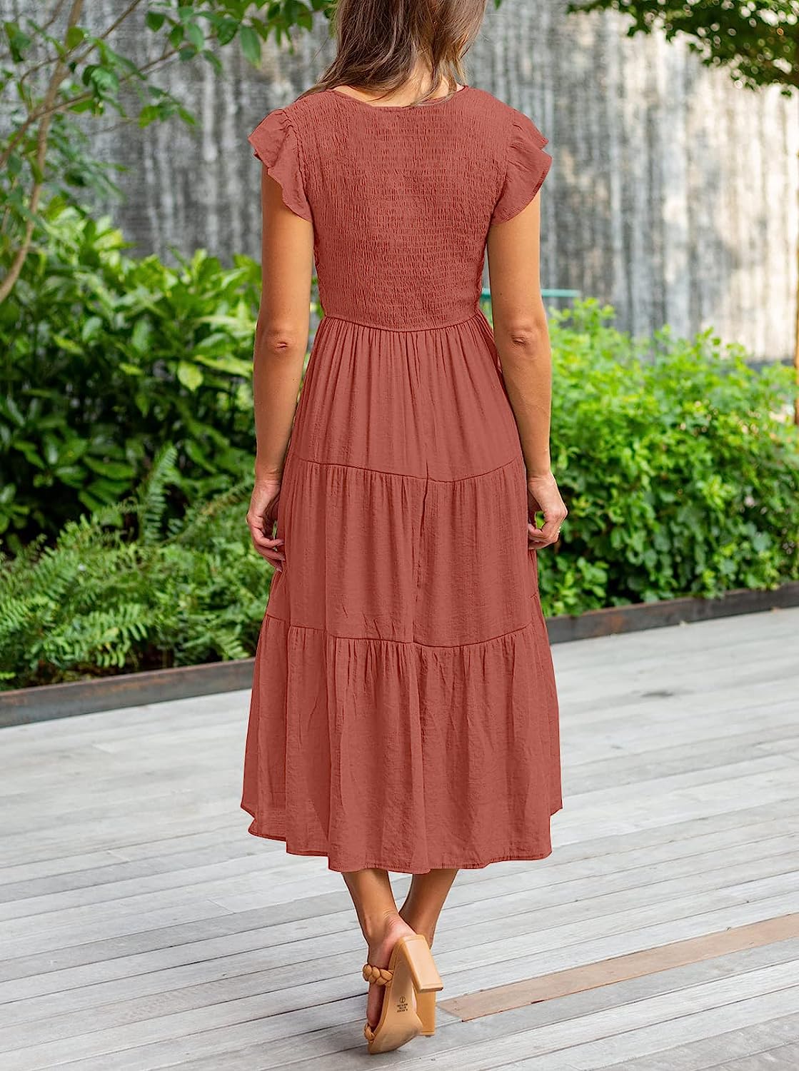 Women's Flutter Sleeve Smocked Midi Dress with Pockets CD442
