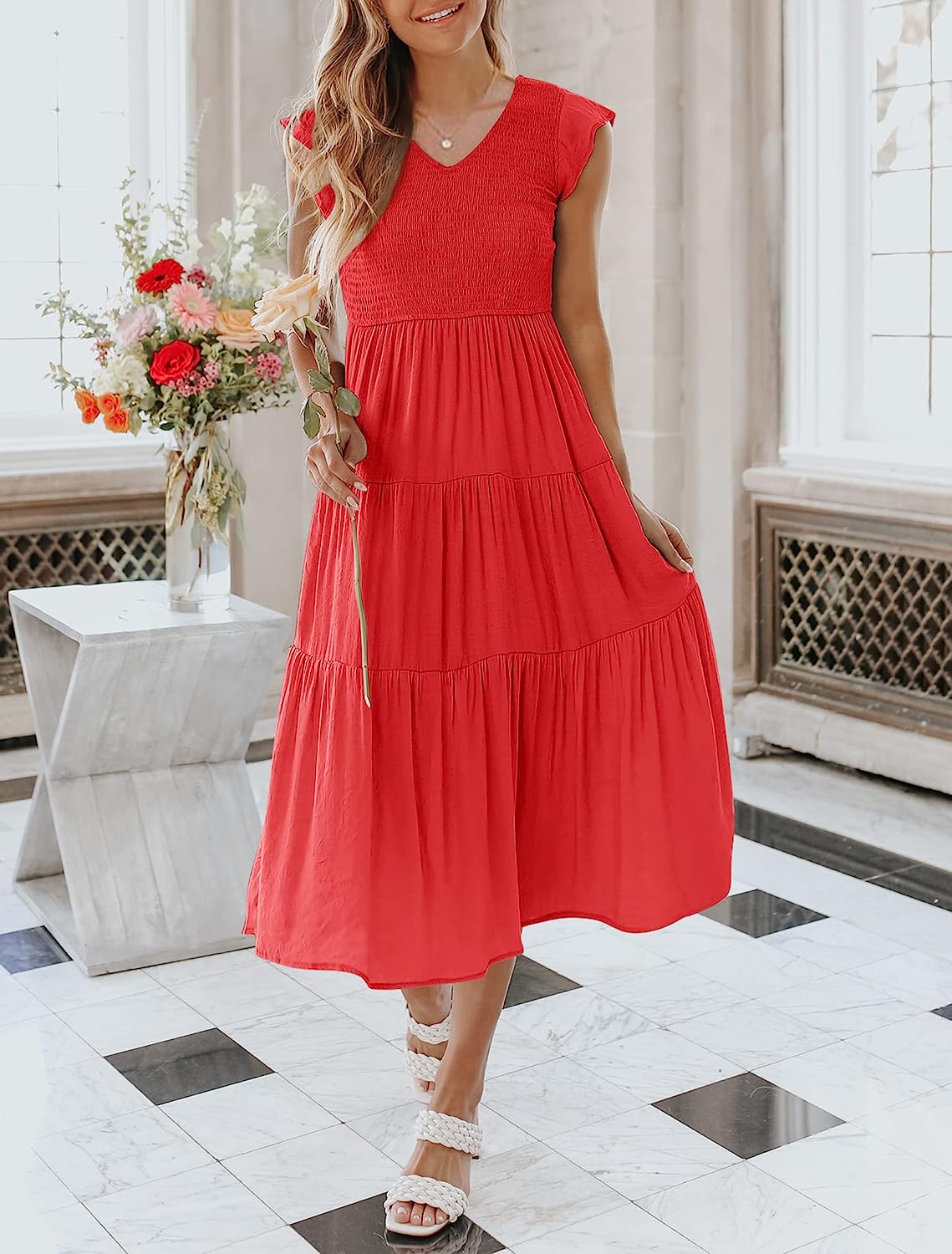 Women's Flutter Sleeve Smocked Midi Dress with Pockets CD442