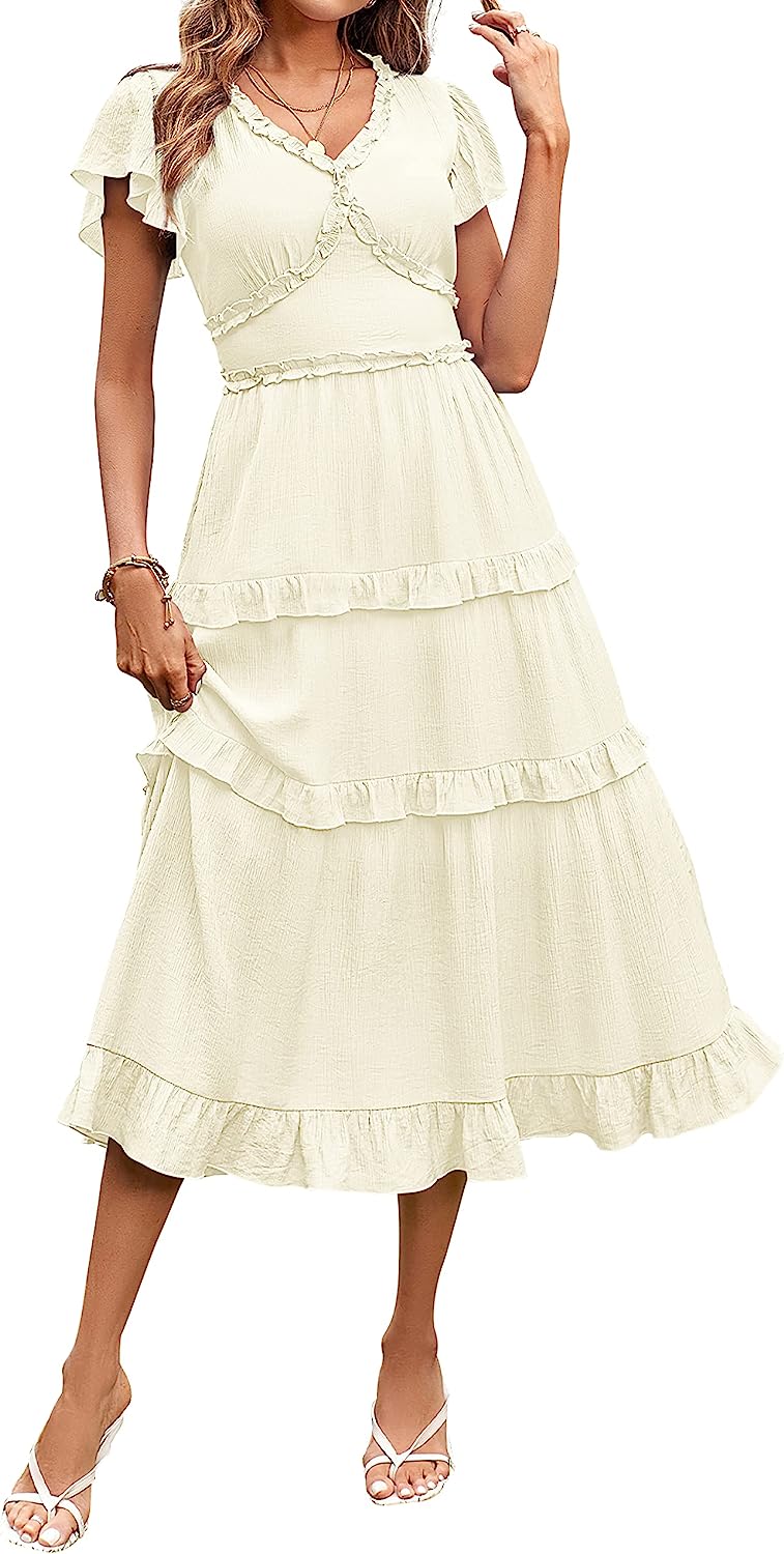 Womens V Neck Flutter Sleeve Ruffle Tiered Midi Dress CD449