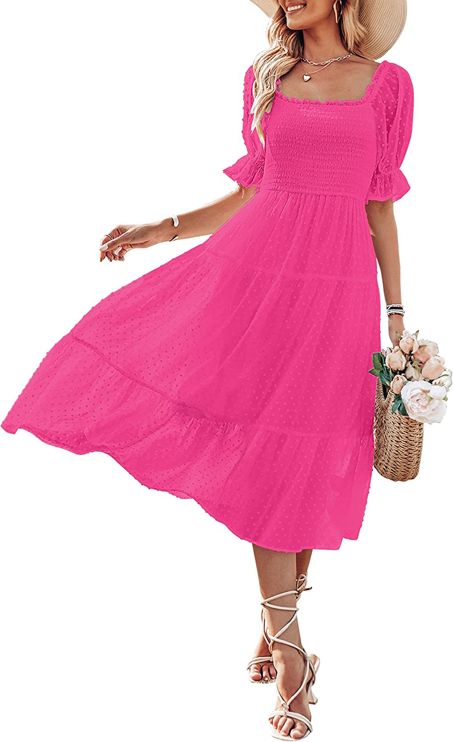 Women's Square Neck Puff Sleeve Boho Midi Dress CD436
