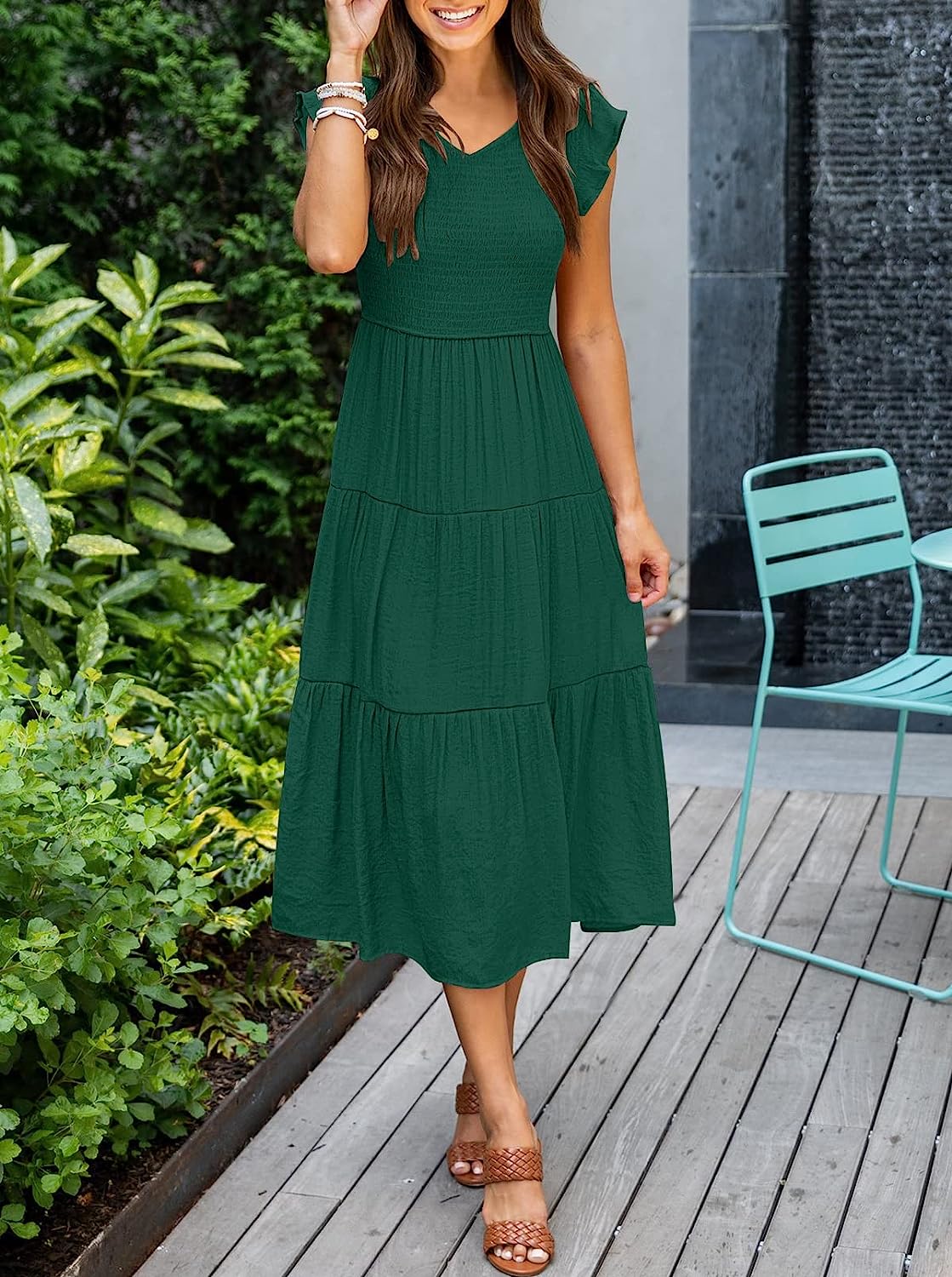 Women's Flutter Sleeve Smocked Midi Dress with Pockets CD447
