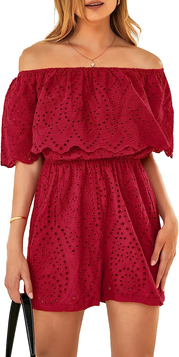 Women's Embroidery Rompers Off Shoulder Ruffle Jumpsuit CD487