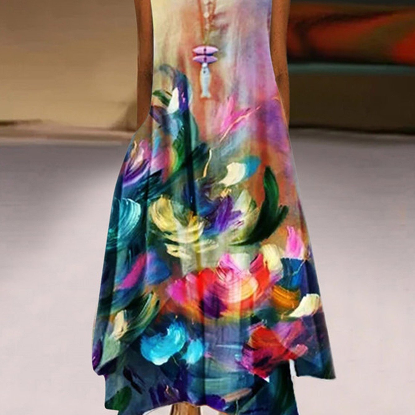 Women's Sleeveless A-Line Round Neck Bohemian Maxi Dress CD181