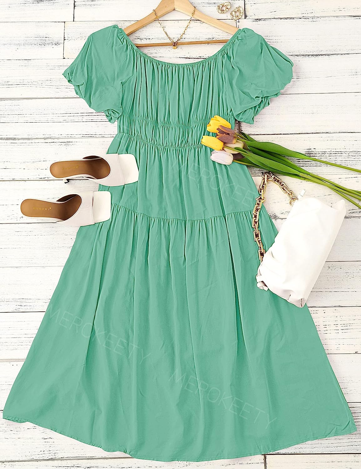 Women's Puff Sleeve Off Shoulder Summer Midi Dress CD446