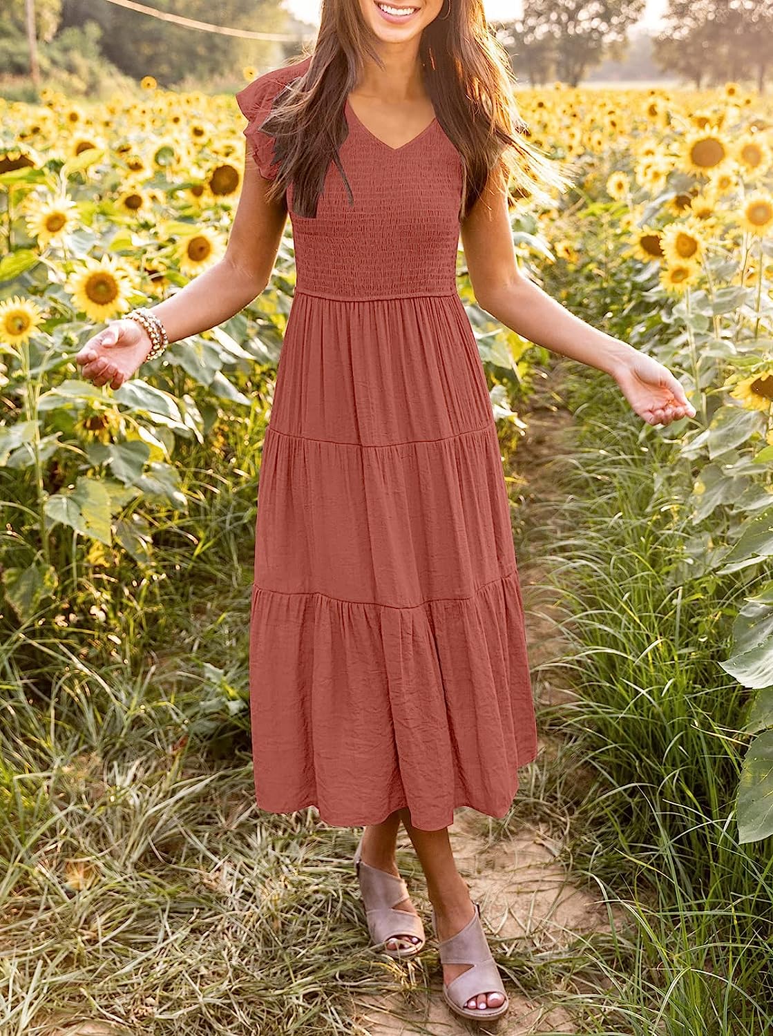 Women's Flutter Sleeve Smocked Midi Dress with Pockets CD442