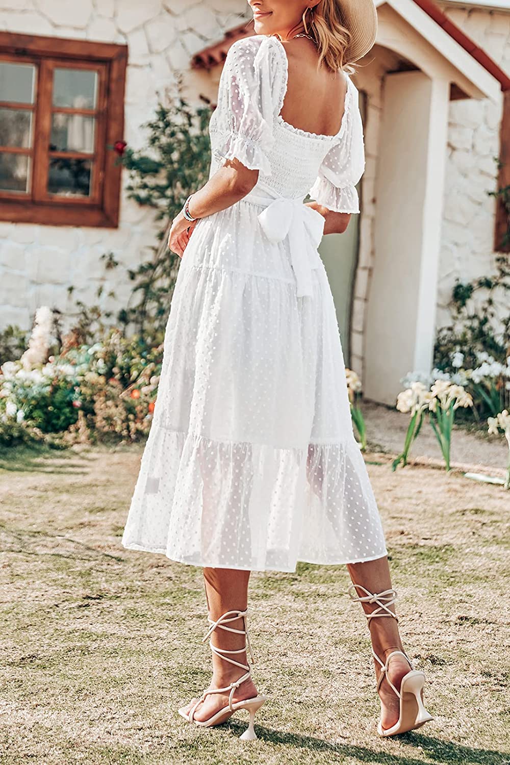 Women's Square Neck Puff Sleeve Boho Midi Dress CD436