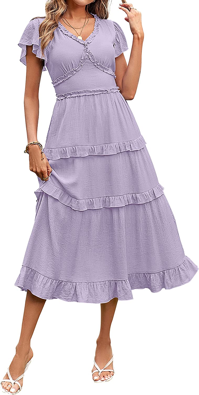 Womens V Neck Flutter Sleeve Ruffle Tiered Midi Dress CD449