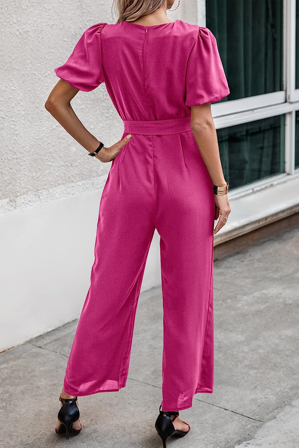 Women's Short Puff Sleeve Wide Leg Pants Jumpsuits CD461