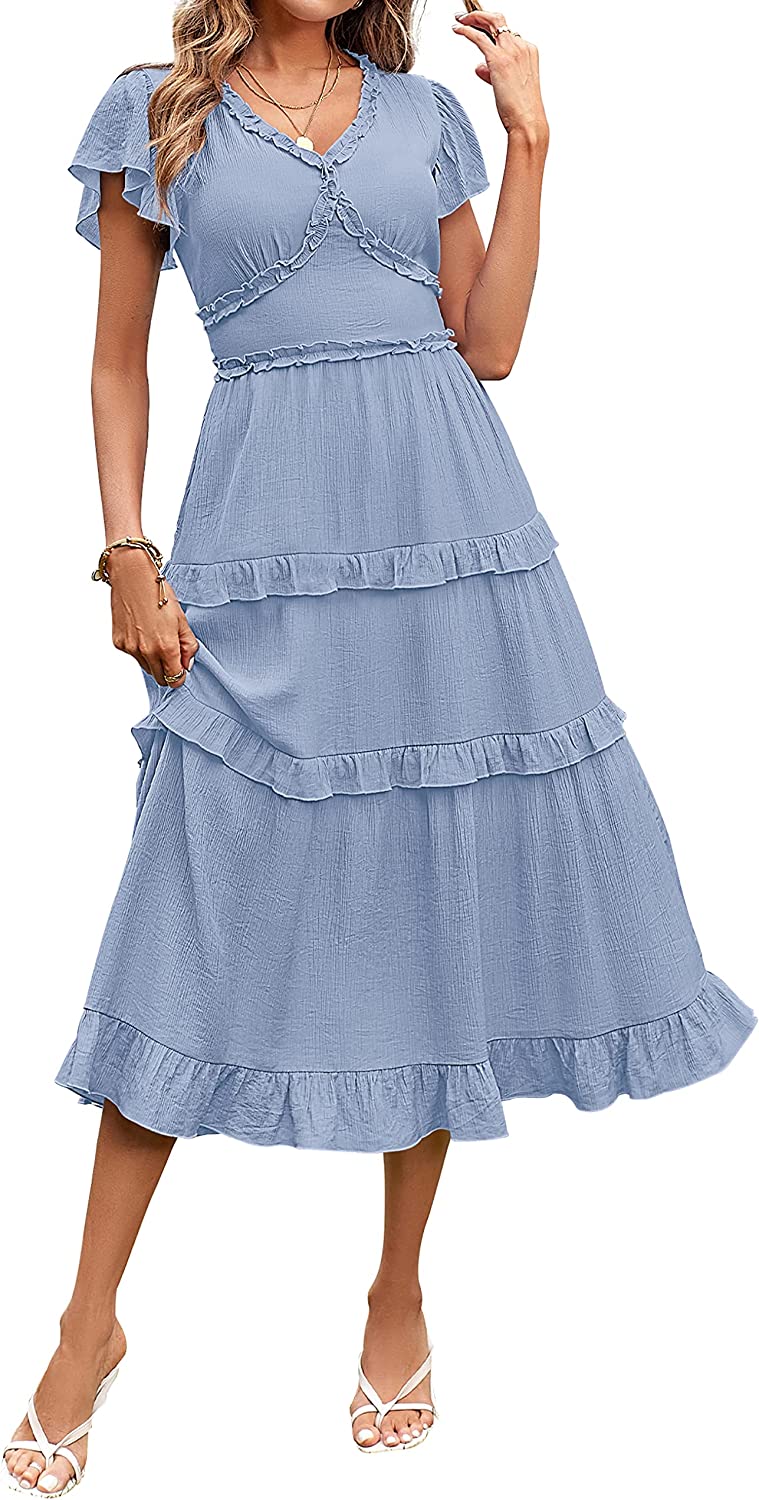 Womens V Neck Flutter Sleeve Ruffle Tiered Midi Dress CD449