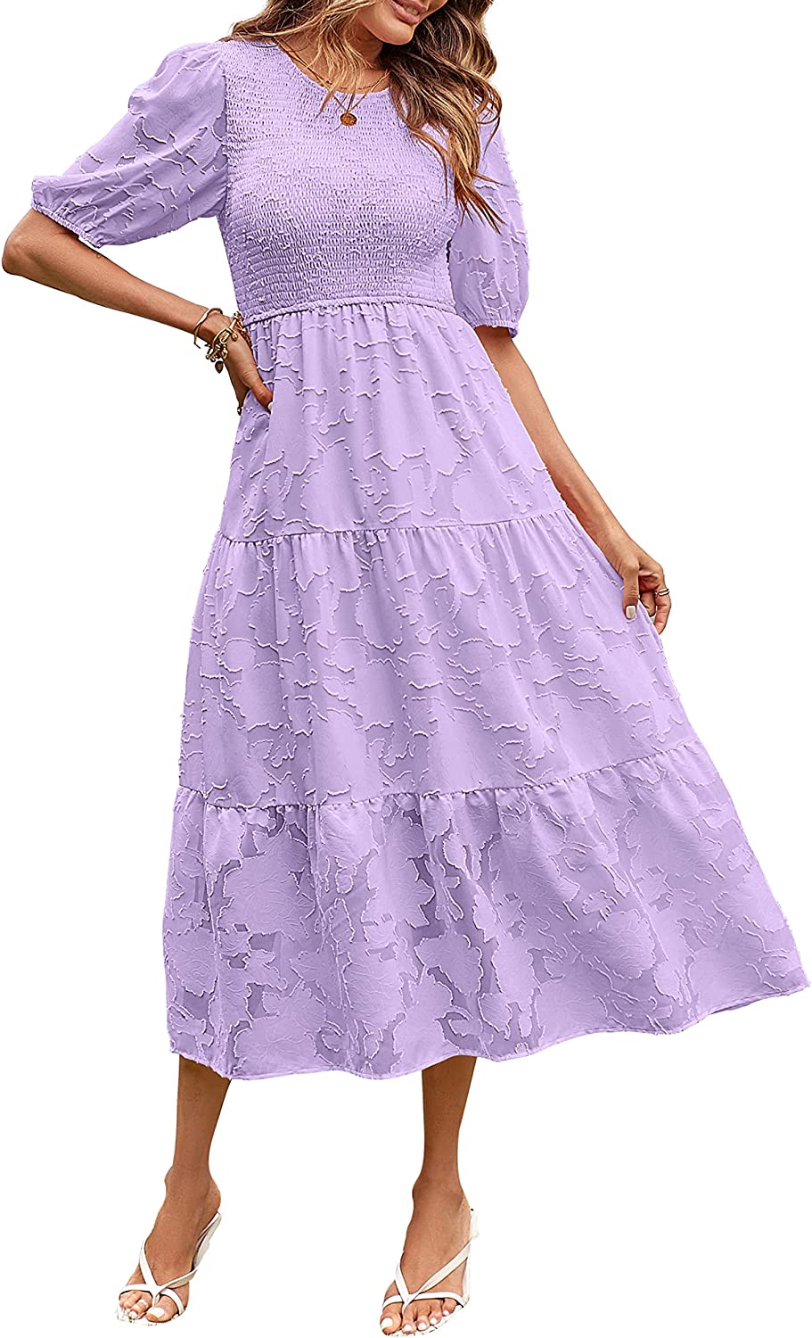 Women's Puff Sleeve Floral Crewneck Midi Dress CD451