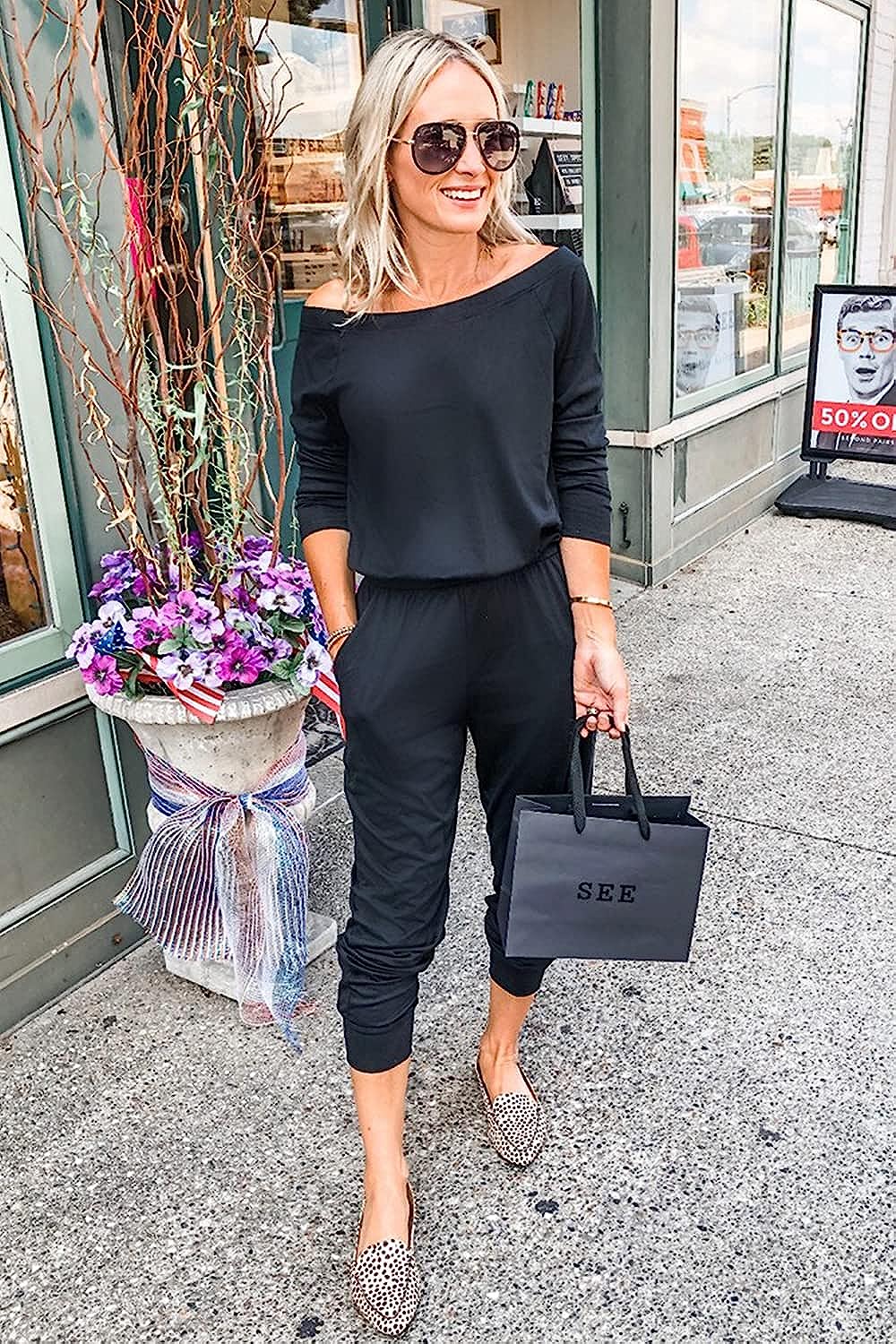 Women's Crewneck Off Shoulder Stretchy Jumpsuit CD462