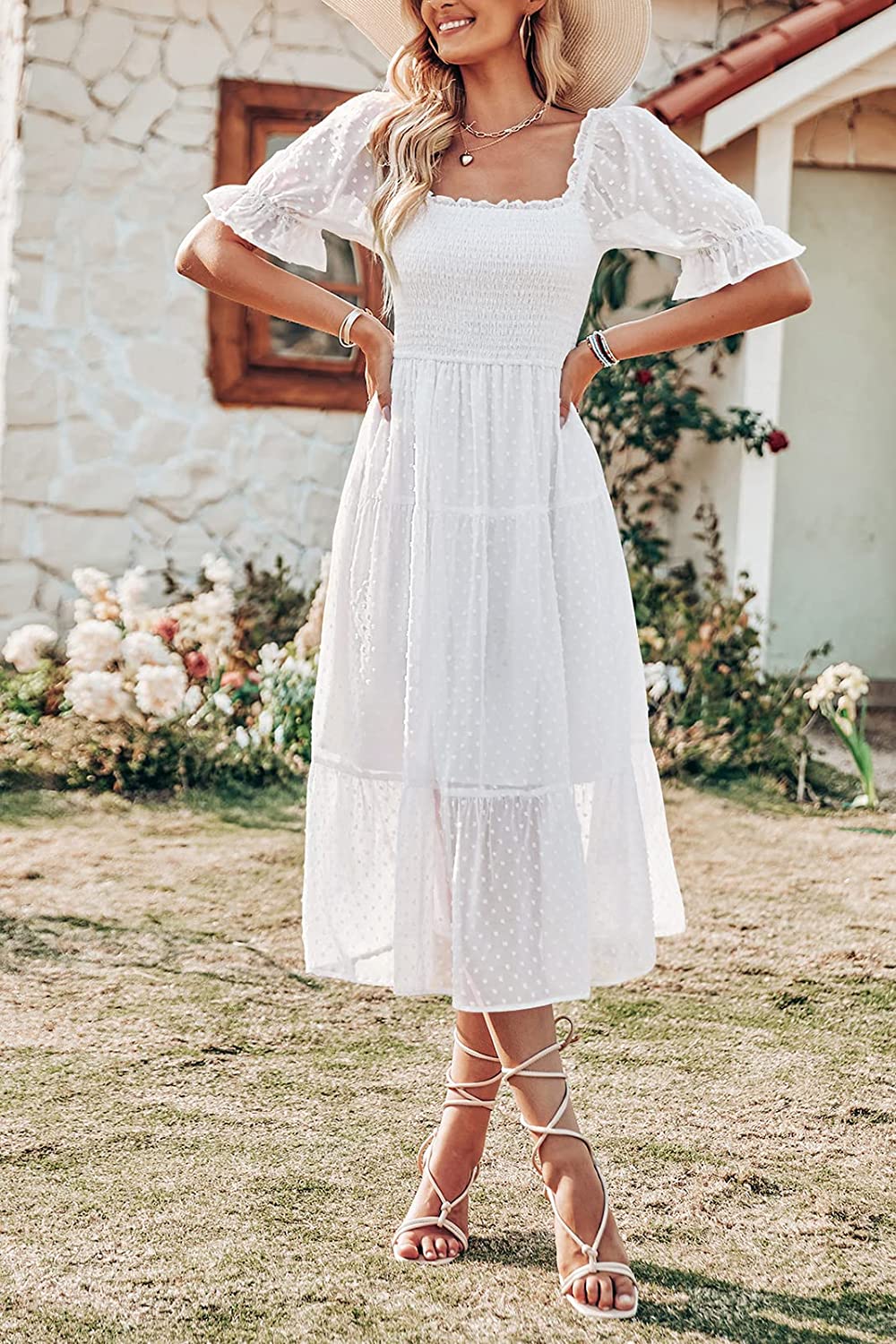 Women's Square Neck Puff Sleeve Boho Midi Dress CD436