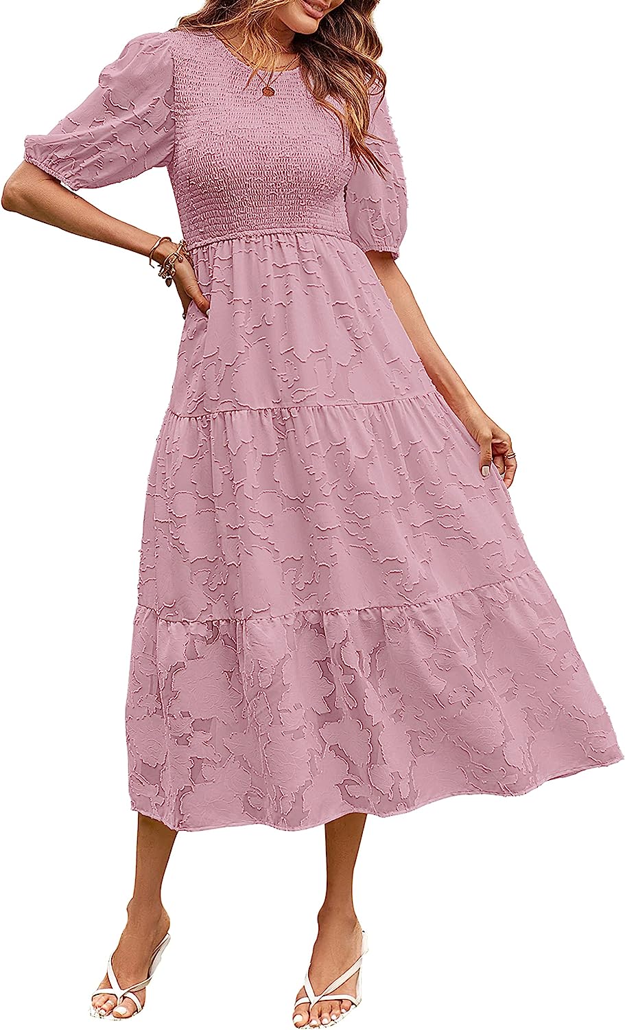 Women's Puff Sleeve Floral Crewneck Midi Dress CD451