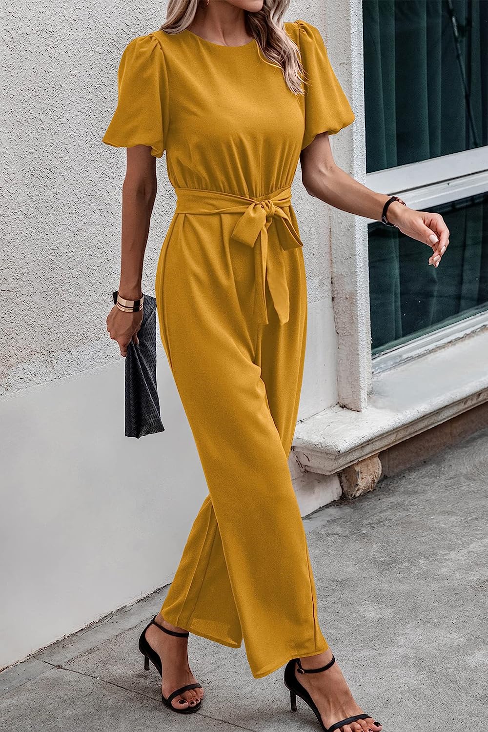 Women's Short Puff Sleeve Wide Leg Pants Jumpsuits CD461