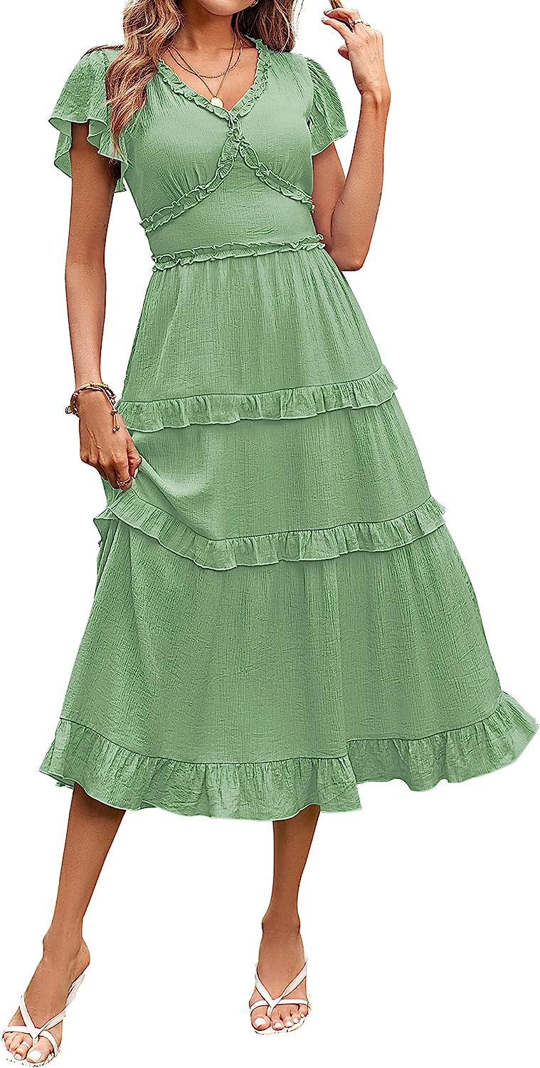 Womens V Neck Flutter Sleeve Ruffle Tiered Midi Dress CD449