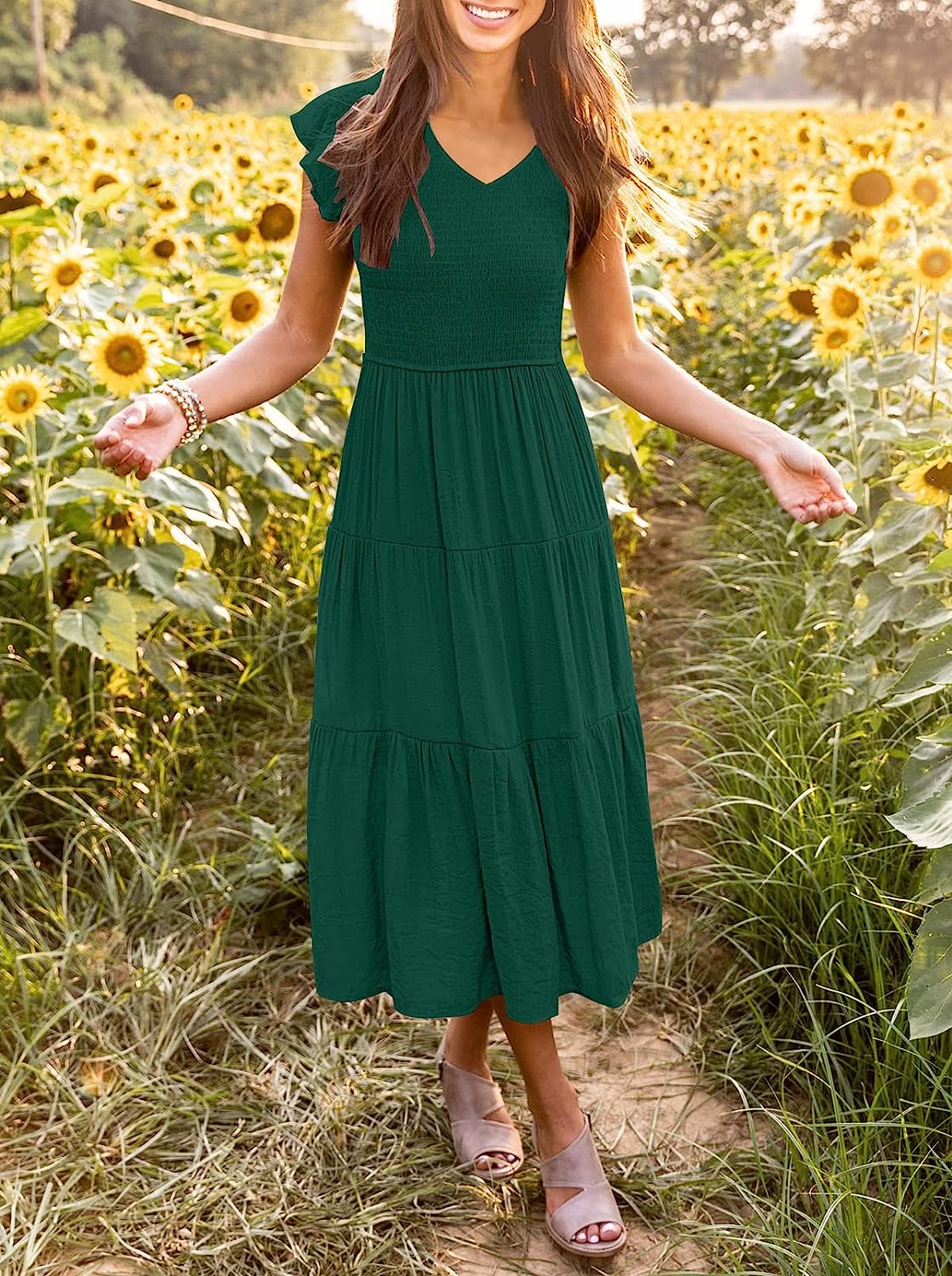Women's Flutter Sleeve Smocked Midi Dress with Pockets CD447