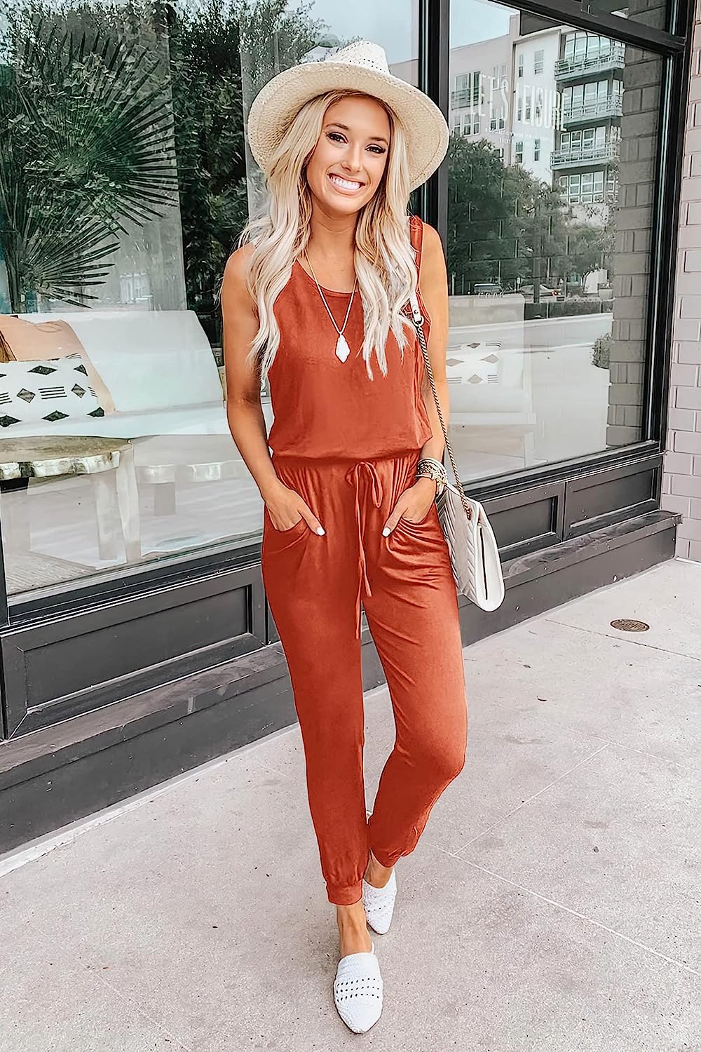 Women's Sleeveless Drawstring Elastic Loose Jumpsuit CD464