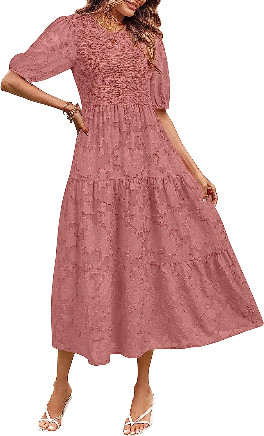Women's Puff Sleeve Floral Crewneck Midi Dress CD451