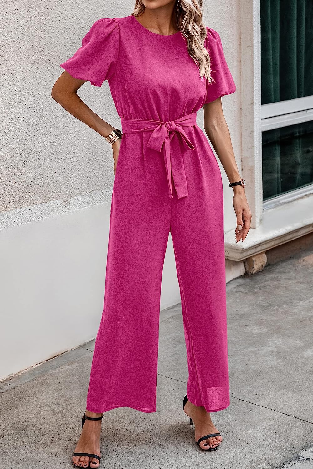 Women's Short Puff Sleeve Wide Leg Pants Jumpsuits CD461