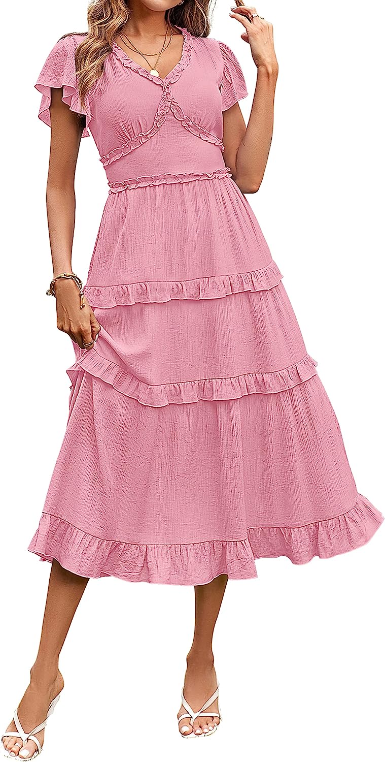 Womens V Neck Flutter Sleeve Ruffle Tiered Midi Dress CD449