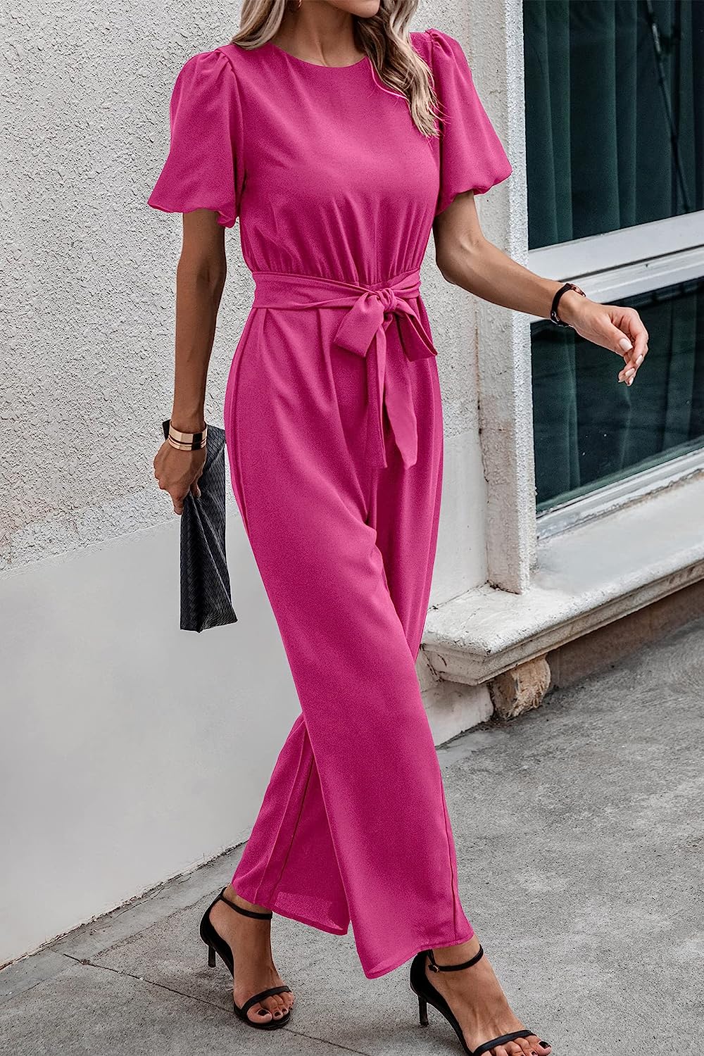 Women's Short Puff Sleeve Wide Leg Pants Jumpsuits CD461