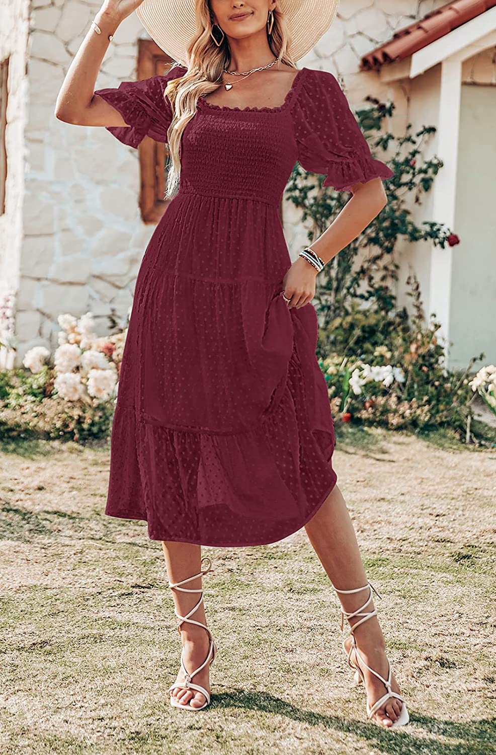 Women's Boho Swiss Dot Ruffle Flowy Tie Midi Dress CD444