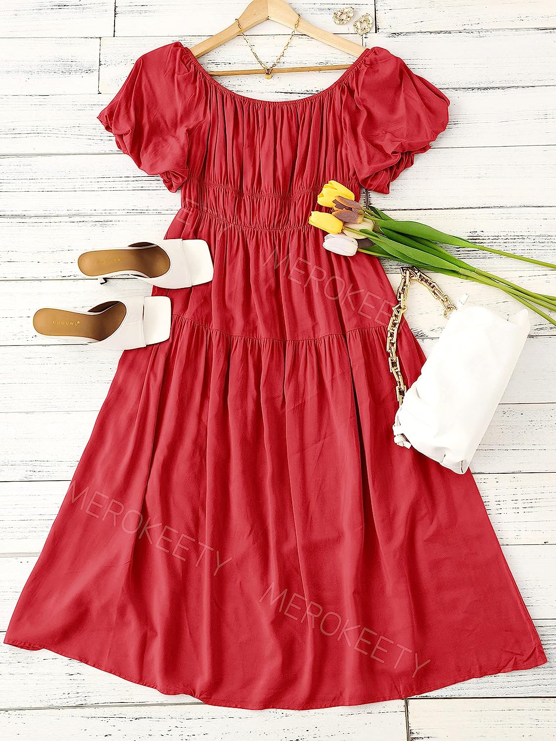 Women's Puff Sleeve Off Shoulder Summer Midi Dress CD446