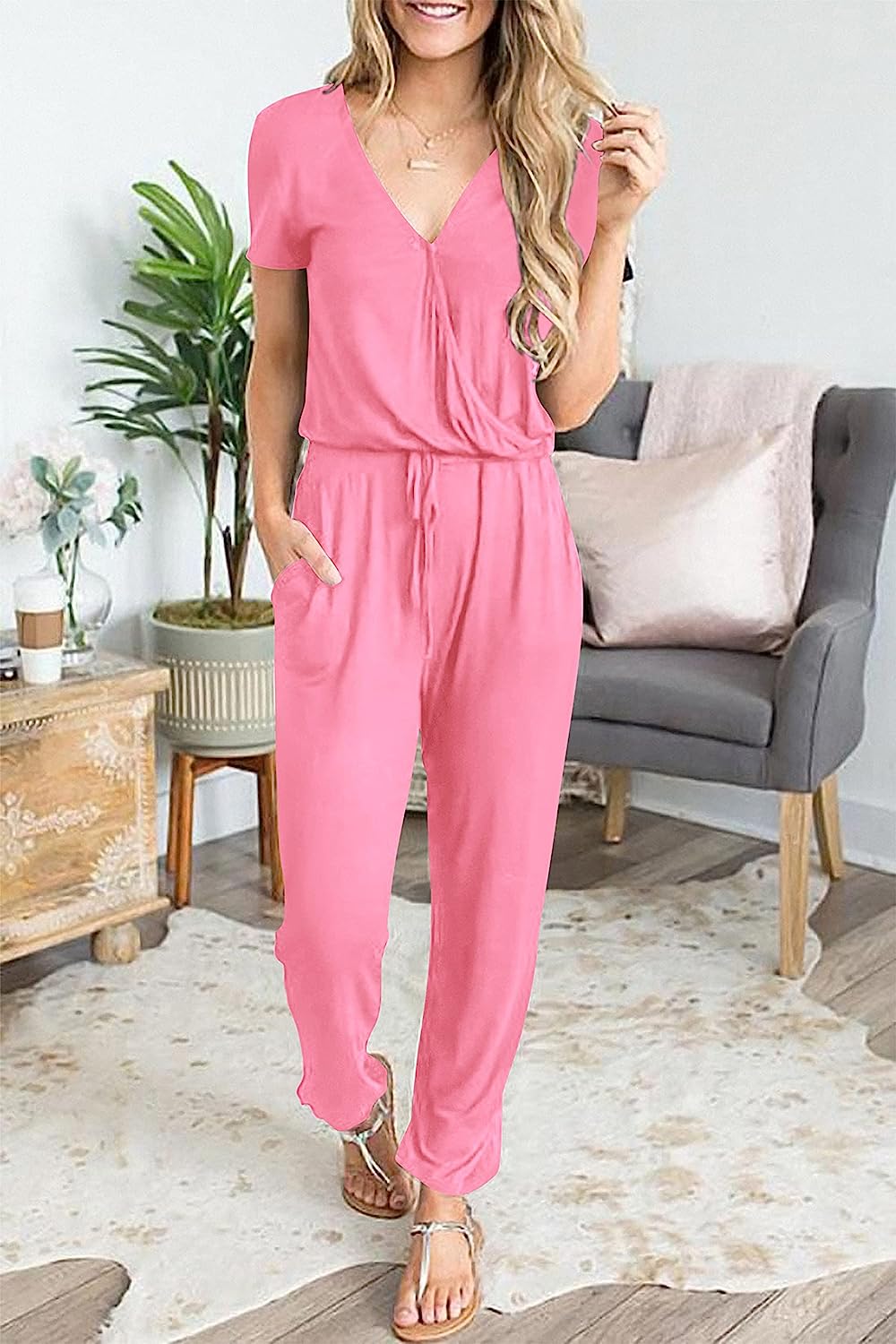Women's Deep V Neck Drawstring Waist Jumpsuit CD496