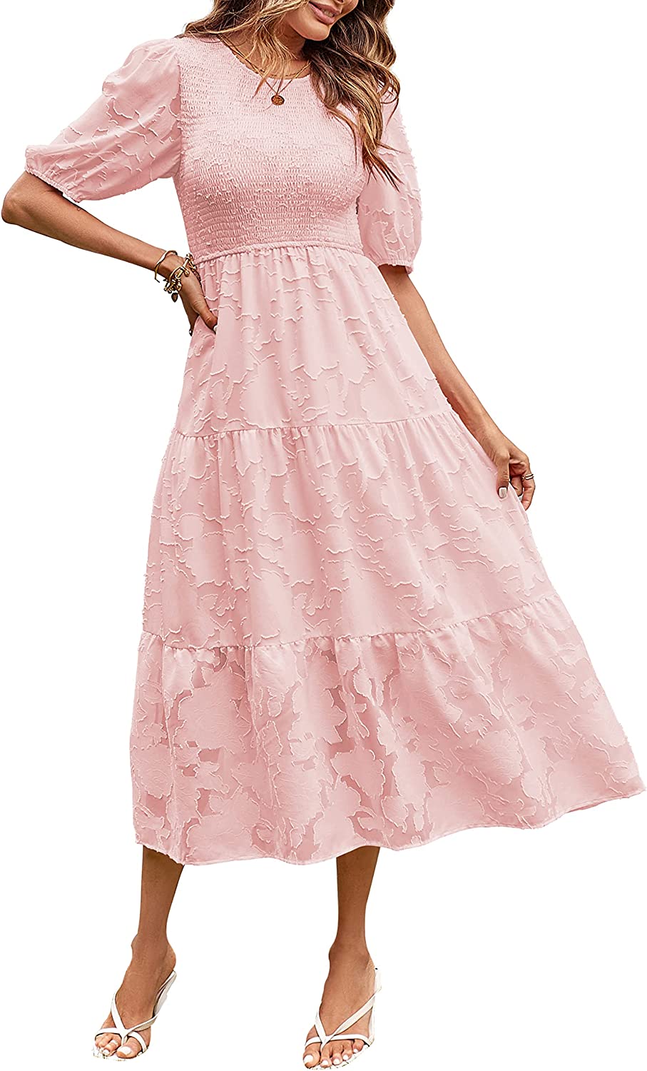 Women's Puff Sleeve Floral Crewneck Midi Dress CD451