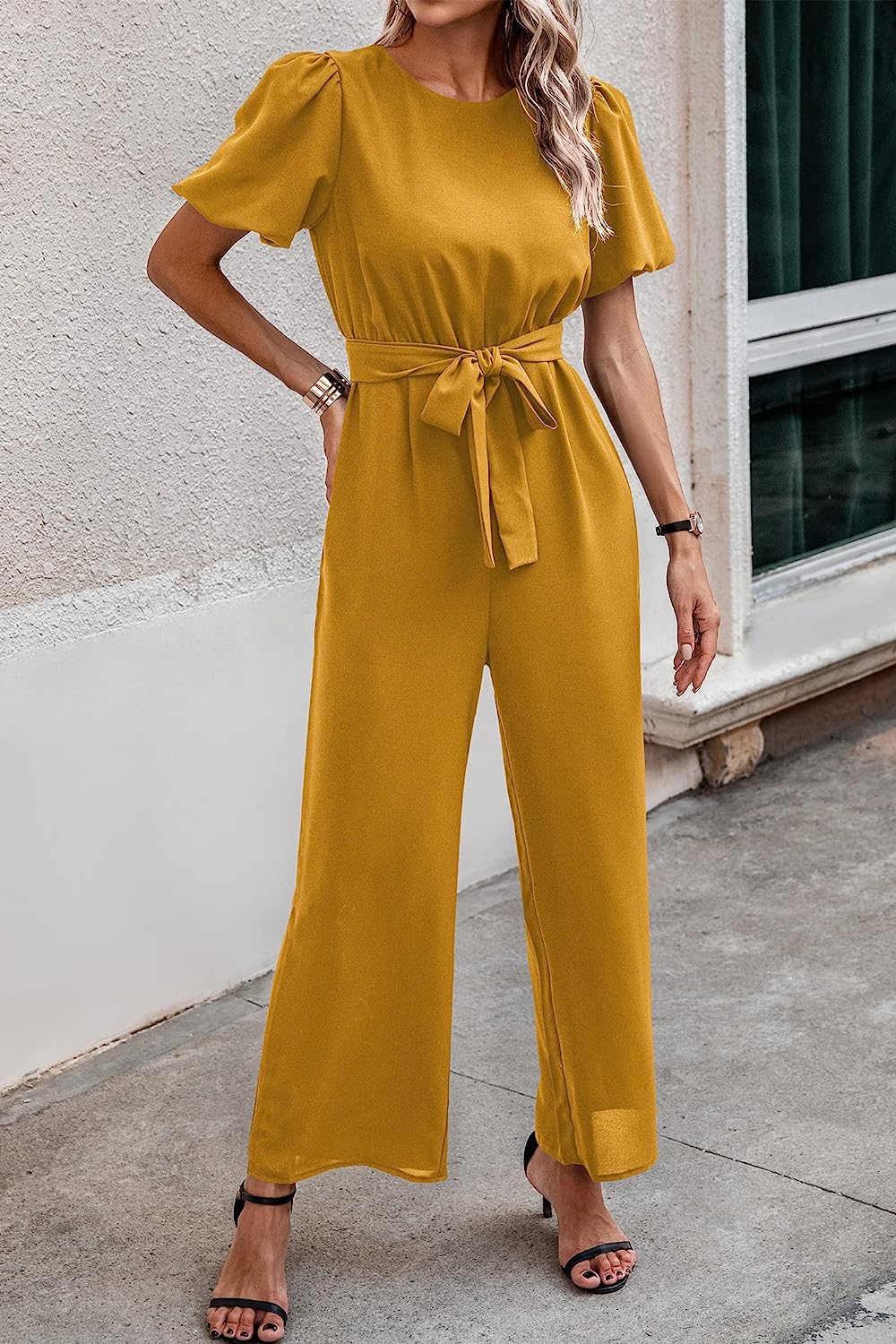 Women's Short Puff Sleeve Wide Leg Pants Jumpsuits CD461