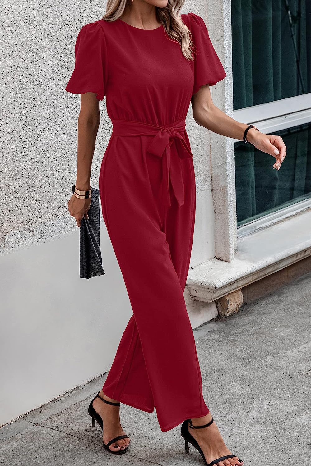 Women's Short Puff Sleeve Wide Leg Pants Jumpsuits CD461
