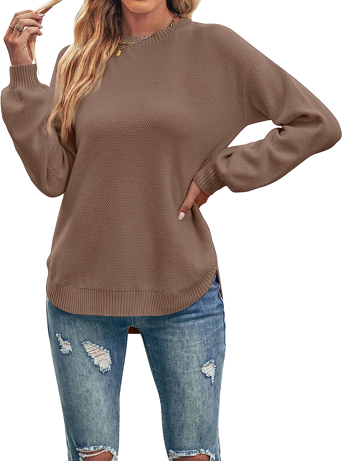 Women's Long Balloon Sleeve Crew Neck Sweater Tops CD458