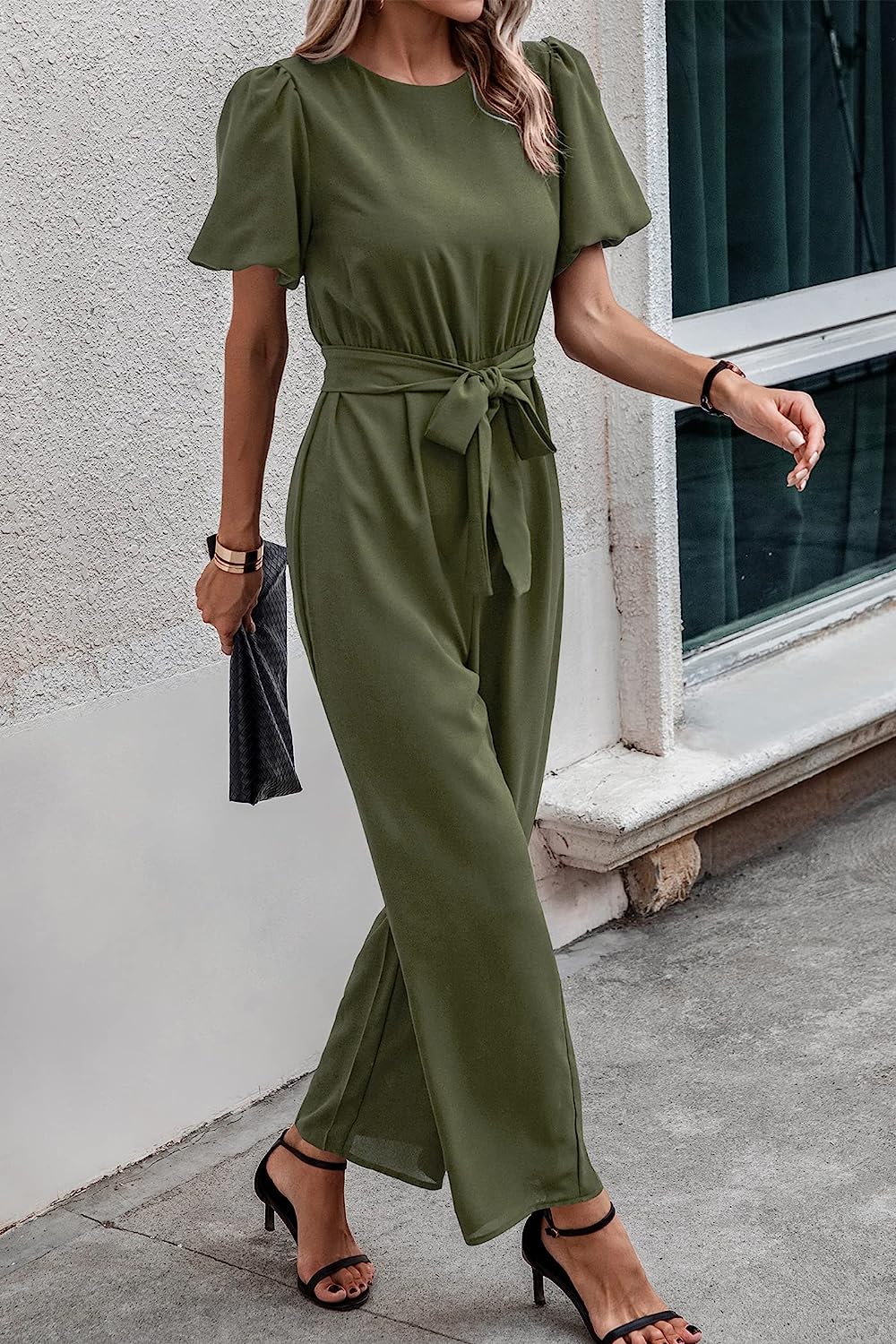 Women's Short Puff Sleeve Wide Leg Pants Jumpsuits CD461
