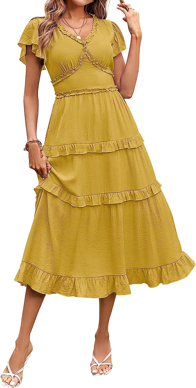 Womens V Neck Flutter Sleeve High Waist Midi Dress CD450